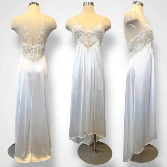 80s Victoria’s Secret Silky Nylon White Lace Vintage Bridal Maxi Gown Slip Dress - Picture 4 of 9